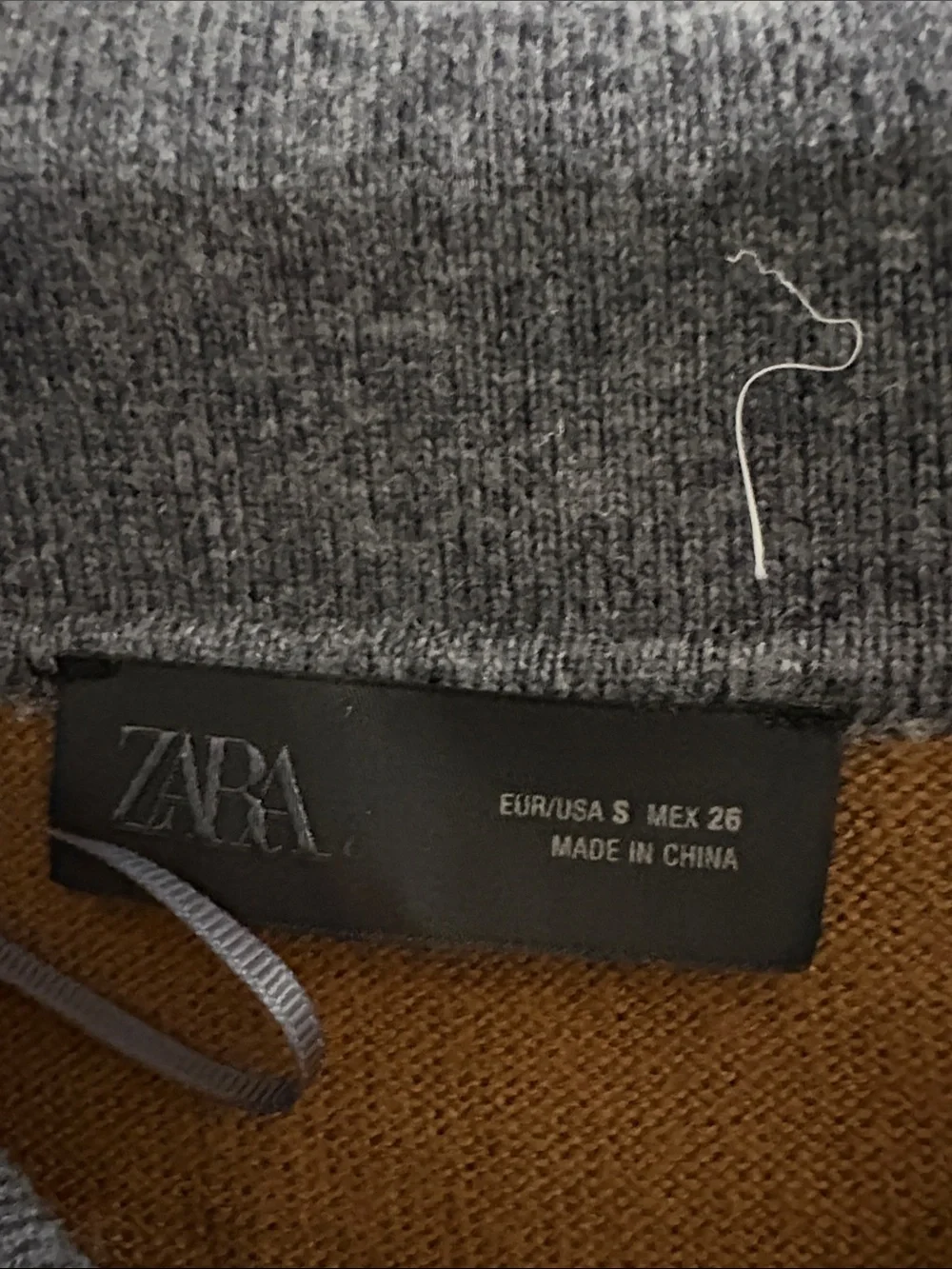 Zara Tan Brown V-Neck Argyle Polo Sweater with Gray Collar